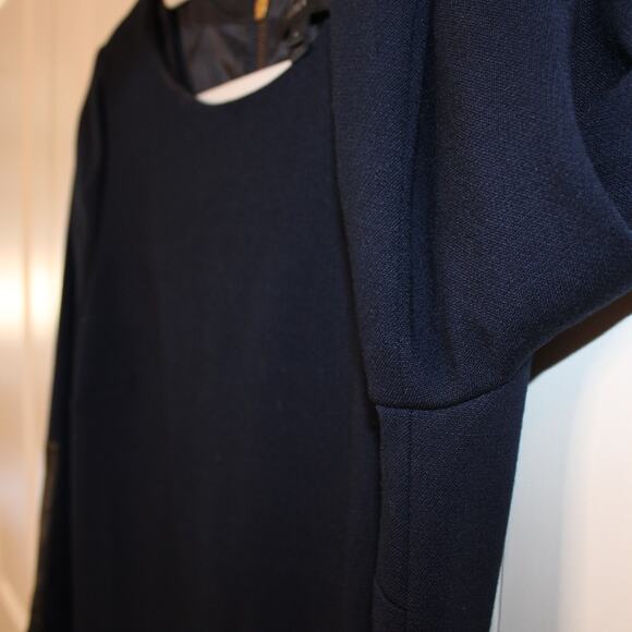 J.CREW Faux Leather Trim Navy Blue Black Zip Pocket Straight Dress | 4 - Picture 8 of 14
